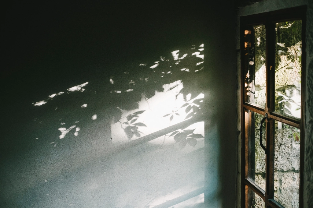Weiches Tageslicht f&auml;llt seitlich durch ein Fenster auf eine helle Wand und einen Stuhl